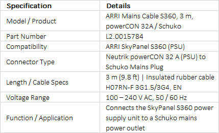 ARRI Mains Cable 3m for SkyPanel S360-C, powerCON 32A to Schuko (L2.0015784)