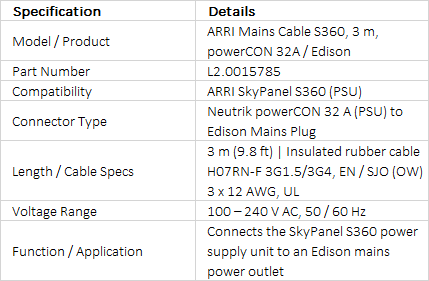 ARRI Mains Cable 3m for SkyPanel S360-C, powerCON 32A to Edison (L2.0015785)