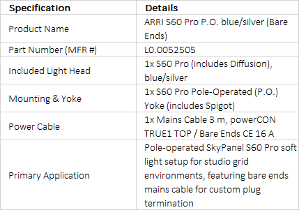 ARRI SkyPanel S60 Pro Pole Operated (P.O.) LED Soft Light Package (Blue/Silver, Bare Ends CE)