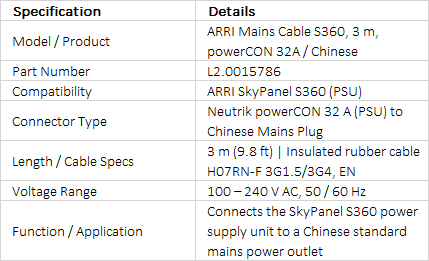 ARRI Mains Cable 3m for SkyPanel S360-C, powerCON 32A to Chinese Plug (L2.0015786)