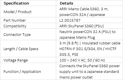ARRI Mains Cable 3m for SkyPanel S360-C, powerCON 32A to Japanese Plug (L2.0015787)