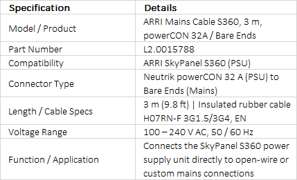 ARRI Mains Cable 3m for SkyPanel S360-C, powerCON 32A to Bare Ends (L2.0015788)