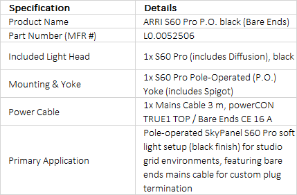 ARRI SkyPanel S60 Pro Pole Operated (P.O.) LED Soft Light Package (Black, Bare Ends CE)
