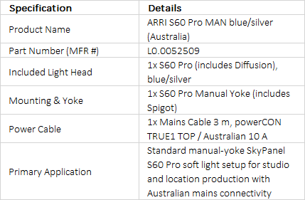 ARRI SkyPanel S60 Pro Manual Yoke LED Soft Light Package (Blue/Silver, Australia)