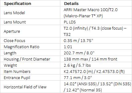ARRI Master Macro 100mm T2.0 Cinema Lens