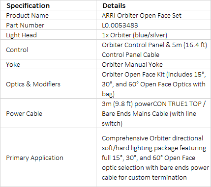 ARRI Orbiter 100th Anniversary Open Face Optics Set (Blue/Silver, Bare Ends with Switch)