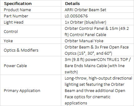 ARRI Orbiter 100th Anniversary Beam Set with Free Open Face Optics (Blue/Silver, Bare Ends with Switch)