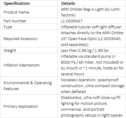 ARRI Light-Technik Orbiter Bag-o-Light Inflatable Soft Light Tube Accessory (L2.0039437)