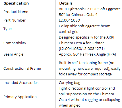 ARRI Lighttools EZ POP Soft Eggcrate Grid 50° for Chimera Octa 4 (L2.0041050)