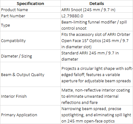 ARRI Snoot for Orbiter Open Face 15° Optic (245 mm / 9.7", L2.79880.0)