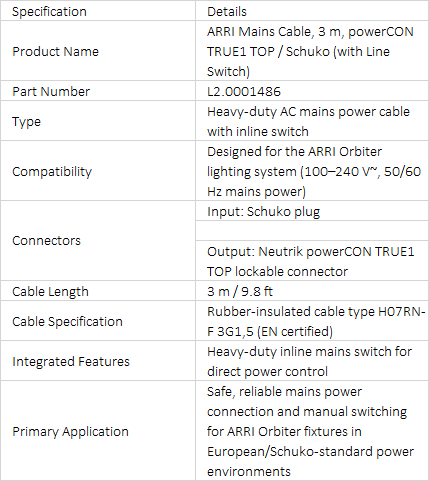 ARRI Mains Cable, 3 m (9.8 ft), powerCON TRUE1 / Schuko, with Line Switch (L2.0001486)