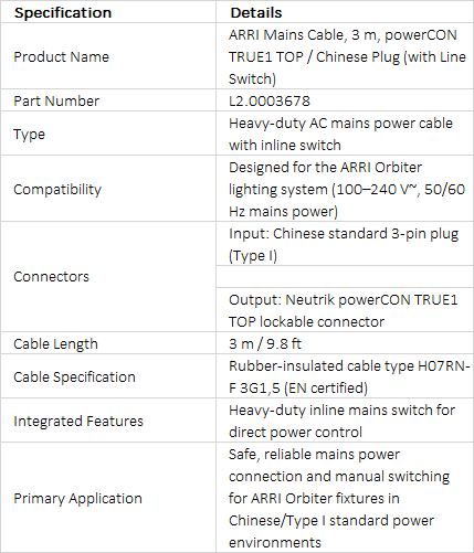 ARRI Mains Cable, 3 m (9.8 ft), powerCON TRUE1 / Chinese Plug, with Line Switch (L2.0003678)