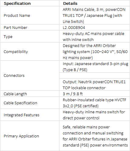 ARRI Mains Cable, 3 m (9.8 ft), powerCON TRUE1 / Japanese Plug, with Line Switch (L2.0008904)