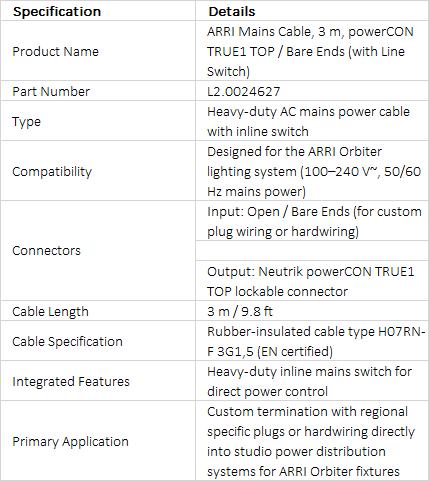 ARRI Mains Cable, 3 m (9.8 ft), powerCON TRUE1 TOP / Bare Ends, with Line Switch (L2.0024627)