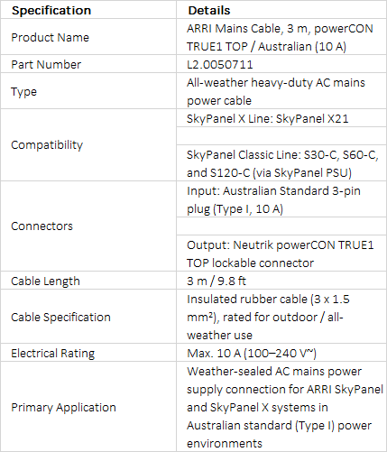 ARRI Mains Cable, 3 m (9.8 ft), powerCON TRUE1 TOP / Australian 10 A (L2.0050711)