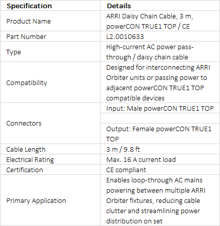 ARRI Daisy Chain Cable, 3 m (9.8 ft), powerCON TRUE1 TOP / CE (L2.0010633)