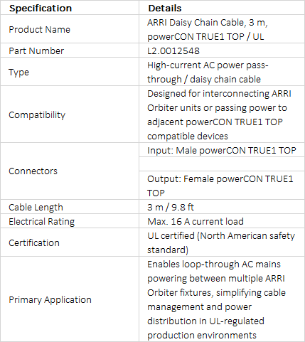 ARRI Daisy Chain Cable, 3 m (9.8 ft), powerCON TRUE1 TOP / UL (L2.0012548)