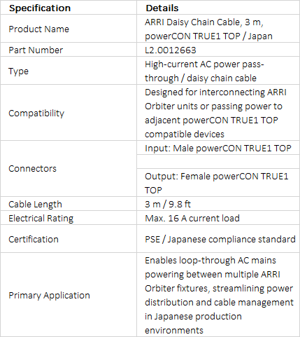 ARRI Daisy Chain Cable, 3 m (9.8 ft), powerCON TRUE1 TOP / Japan PSE (L2.0012663)