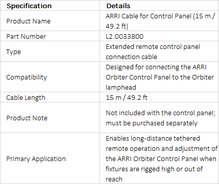 ARRI Control Panel Connection Cable, 15 m (49.2 ft) (L2.0033800)