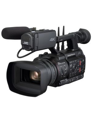 JVC GY-HC550ESB 4K live streaming camcorder with broadcast and sports score overlays