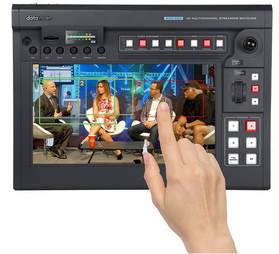 Datavideo releases KMU-200 a 4K Multi-Channel Touch Screen Switcher. Create a virtual multicamera production by using just a single 4K camera and your fingertips.